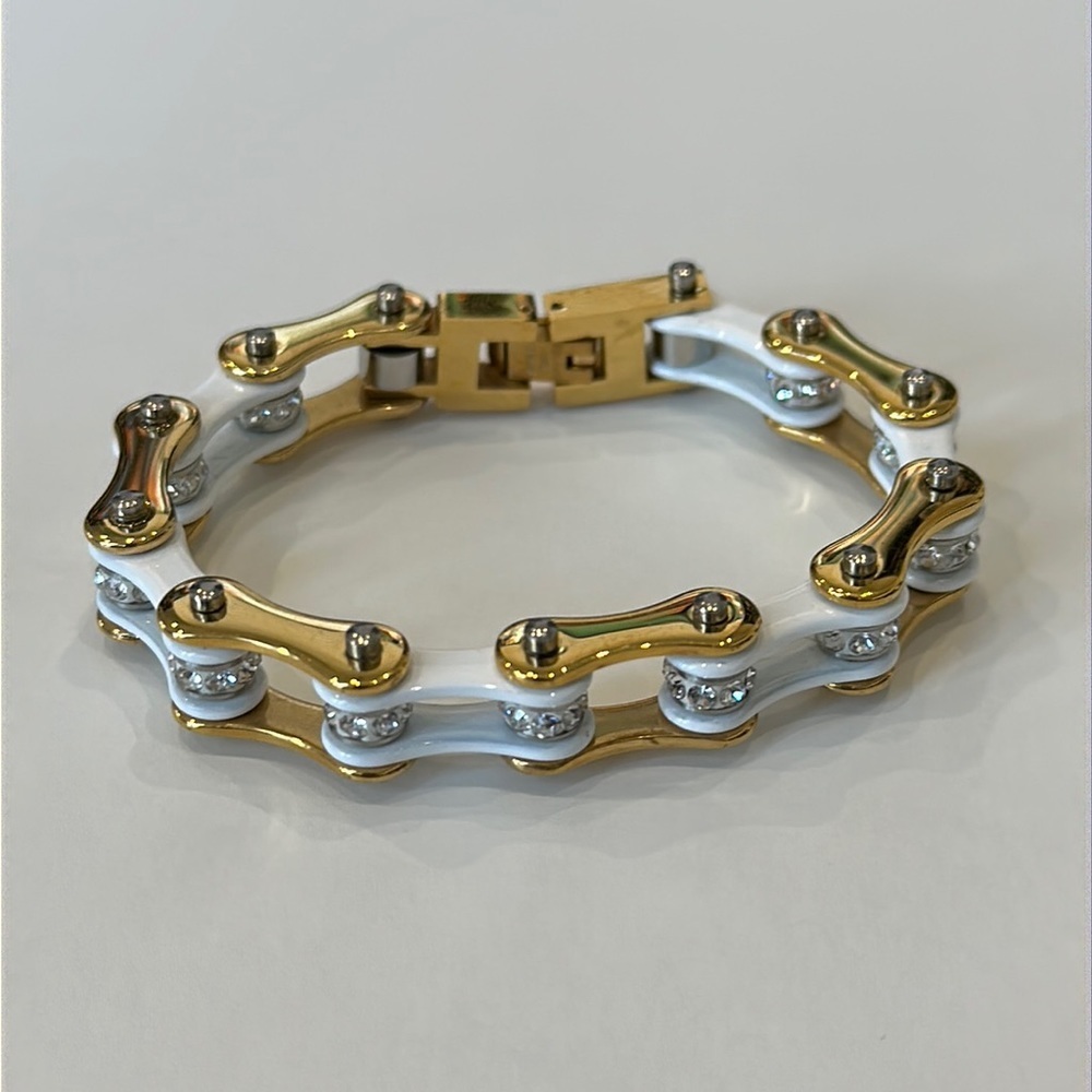 White and Gold Bike Chain Bracelet with Clear Stones